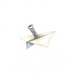 A whimsical watercolor illustration of a paper plane with a screw artistically mounted on its top, set against a blank canvas