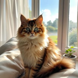 A cute and fluffy domestic cat sitting in a sunny window, its fur being softly illuminated by the light, with a beautiful garden visible in the background through sheer curtains