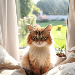 A cute and fluffy domestic cat sitting in a sunny window, its fur being softly illuminated by the light, with a beautiful garden visible in the background through sheer curtains