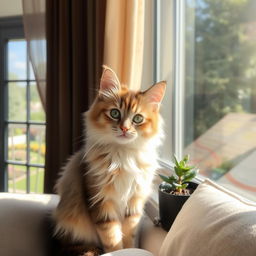 A cute and fluffy domestic cat sitting in a sunny window, its fur being softly illuminated by the light, with a beautiful garden visible in the background through sheer curtains