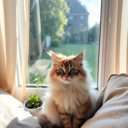 A cute and fluffy domestic cat sitting in a sunny window, its fur being softly illuminated by the light, with a beautiful garden visible in the background through sheer curtains