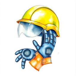 A watercolor illustration featuring a security helmet and a pair of anti-cutting gloves set against a blank canvas