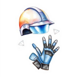 A watercolor illustration featuring a security helmet and a pair of anti-cutting gloves set against a blank canvas