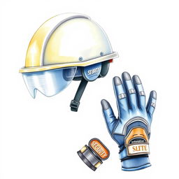 A watercolor illustration featuring a security helmet and a pair of anti-cutting gloves set against a blank canvas