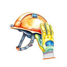 A watercolor illustration showcasing an industrial security helmet and a pair of industrial security gloves, set against a blank canvas