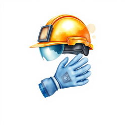 A watercolor illustration showcasing an industrial security helmet and a pair of industrial security gloves, set against a blank canvas