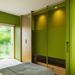 A modern bedroom featuring a green designer wall, an integrated wall study table, warm yellow lighting, a bed with a hanging canopy, a wooden sliding wardrobe, and a window showcasing lush greenery