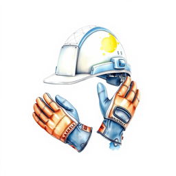 A watercolor illustration showcasing an industrial security helmet and a pair of industrial security gloves, set against a blank canvas