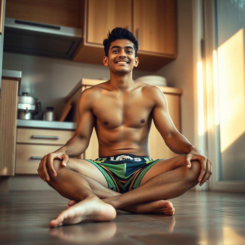 A 19-year-old Indonesian man with an athletic build, wearing swimming trunks, is sitting on the kitchen floor