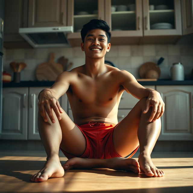 A 19-year-old Indonesian man with an athletic build, wearing swimming trunks, is sitting on the kitchen floor