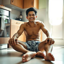 A 19-year-old Indonesian man with an athletic build, wearing swimming trunks, is sitting on the kitchen floor