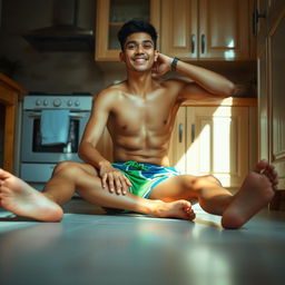 A 19-year-old Indonesian man with an athletic build, wearing swimming trunks, is sitting on the kitchen floor