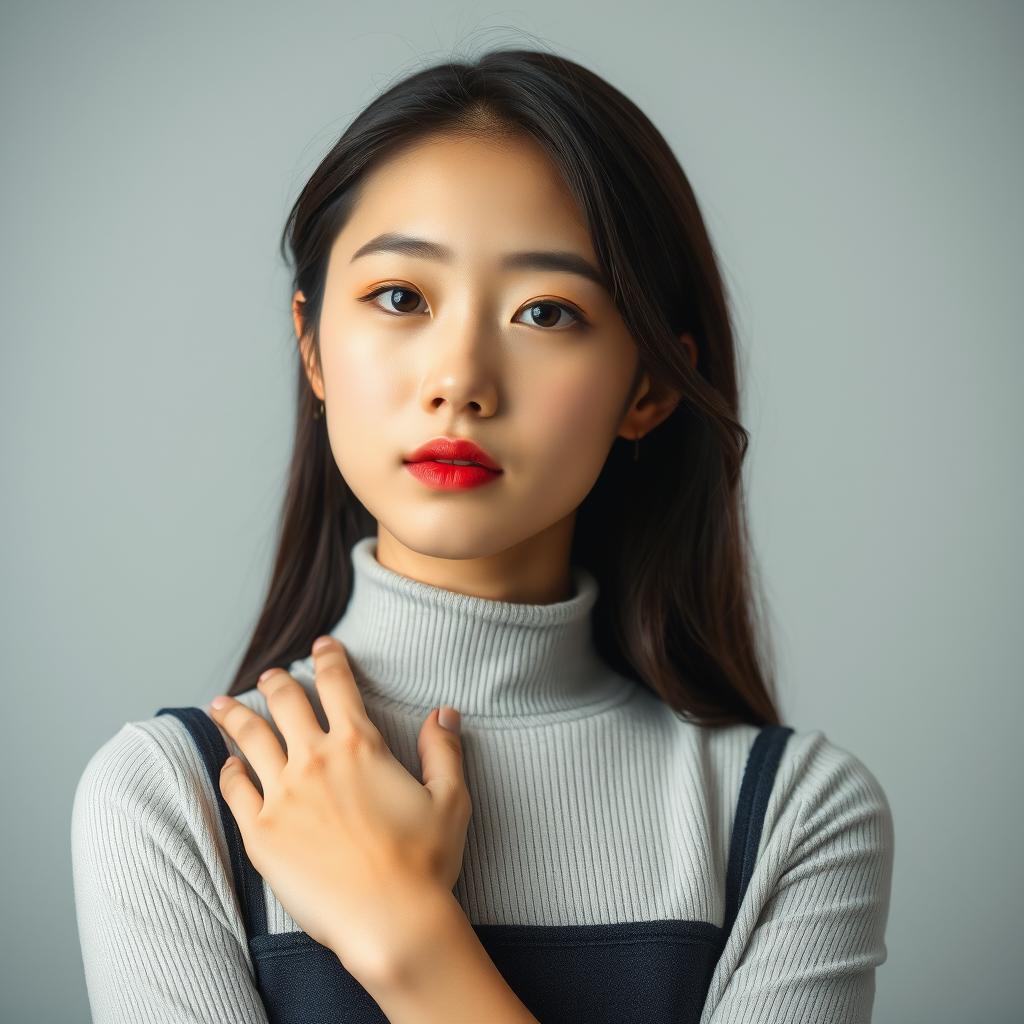 Portrait of a Korean schoolgirl displaying confidence and elegance, her posture is expressive yet tasteful