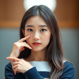 Portrait of a Korean schoolgirl displaying confidence and elegance, her posture is expressive yet tasteful