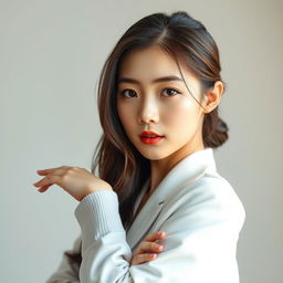 Portrait of a Korean schoolgirl displaying confidence and elegance, her posture is expressive yet tasteful