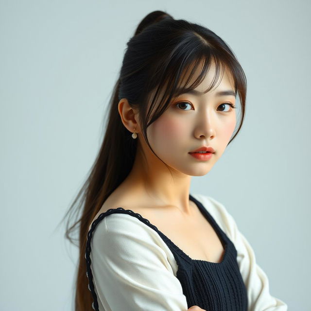 Portrait of a Korean schoolgirl displaying confidence and elegance, her posture is expressive yet tasteful