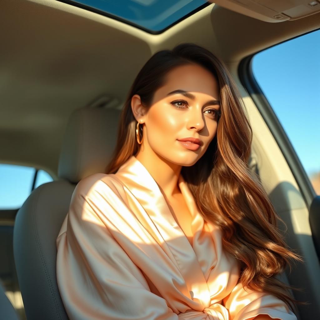 a beautiful woman with long brown hair, wearing a flowing silk robe, sitting in a car and looking outside