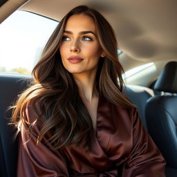 a beautiful woman with long brown hair, wearing a flowing silk robe, sitting in a car and looking outside