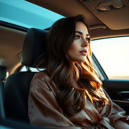 a beautiful woman with long brown hair, wearing a flowing silk robe, sitting in a car and looking outside