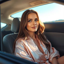 a beautiful woman with long brown hair, wearing a flowing silk robe, sitting in a car and looking outside