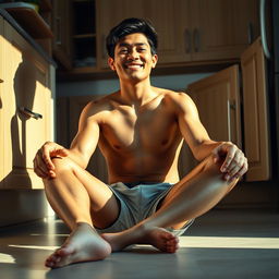 A 19-year-old Indonesian man with an athletic build, wearing swimming trunks, is sitting on the kitchen floor