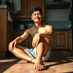 A 19-year-old Indonesian man with an athletic build, wearing swimming trunks, is sitting on the kitchen floor