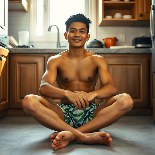 A 19-year-old Indonesian man with an athletic build, wearing swimming trunks, is sitting on the kitchen floor