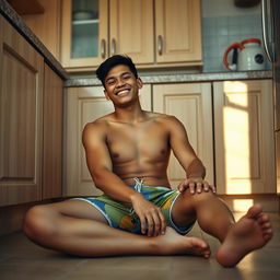 A 19-year-old Indonesian man with an athletic build, wearing swimming trunks, is sitting on the kitchen floor