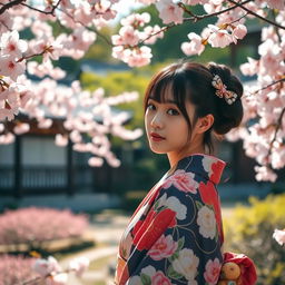 A beautiful Japanese girl standing in a traditional Japanese garden, surrounded by cherry blossoms in full bloom