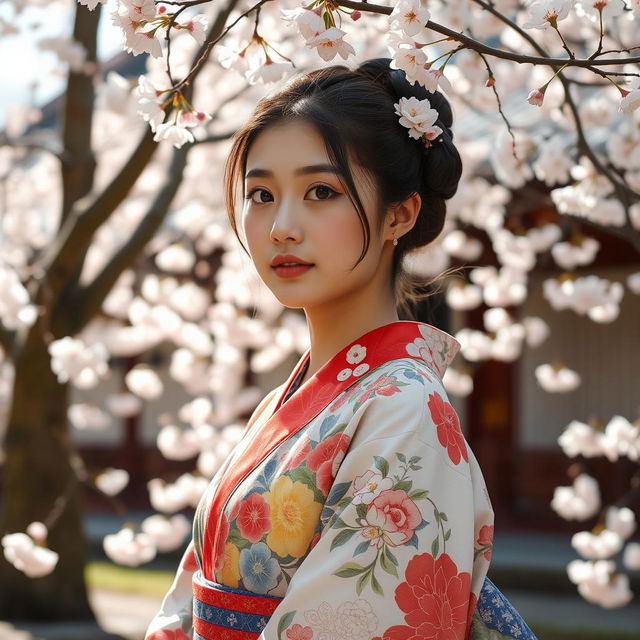 A beautiful Japanese girl standing in a traditional Japanese garden, surrounded by cherry blossoms in full bloom