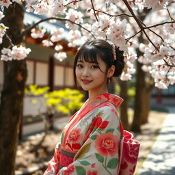 A beautiful Japanese girl standing in a traditional Japanese garden, surrounded by cherry blossoms in full bloom