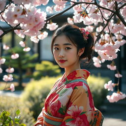 A beautiful Japanese girl standing in a traditional Japanese garden, surrounded by cherry blossoms in full bloom