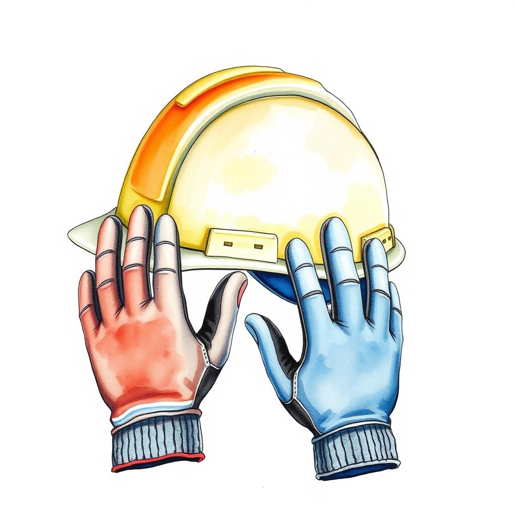 A watercolor illustration depicting an industrial security helmet alongside a pair of industrial security gloves, each clearly displaying five fingers, set against a blank canvas