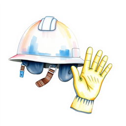 A watercolor illustration depicting an industrial security helmet alongside a pair of industrial security gloves, each clearly displaying five fingers, set against a blank canvas