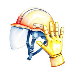 A watercolor illustration depicting an industrial security helmet alongside a pair of industrial security gloves, each clearly displaying five fingers, set against a blank canvas