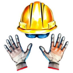 A watercolor illustration depicting an industrial security helmet alongside a pair of industrial security gloves, each clearly displaying five fingers, set against a blank canvas