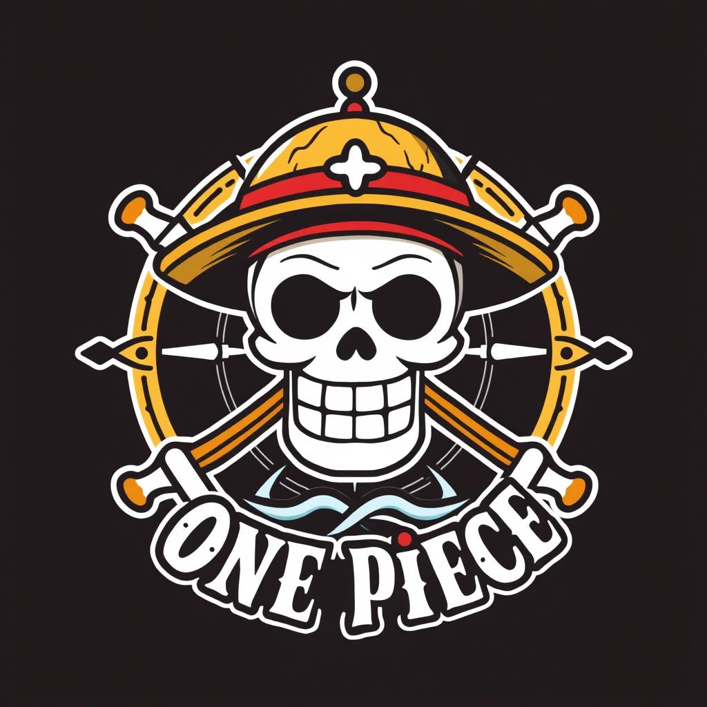 A logo inspired by the theme of "One Piece," featuring iconic elements such as a pirate skull with a straw hat, a compass rose, and navigational elements like ropes or anchors