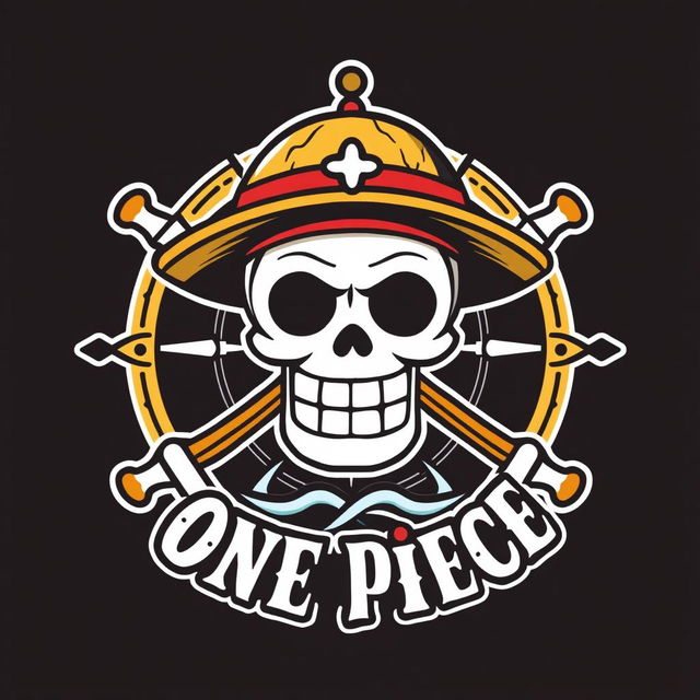 A logo inspired by the theme of "One Piece," featuring iconic elements such as a pirate skull with a straw hat, a compass rose, and navigational elements like ropes or anchors