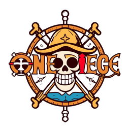 A logo inspired by the theme of "One Piece," featuring iconic elements such as a pirate skull with a straw hat, a compass rose, and navigational elements like ropes or anchors