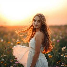 a beautiful young woman with long flowing hair, standing amidst a field of wildflowers