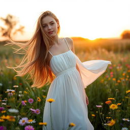 a beautiful young woman with long flowing hair, standing amidst a field of wildflowers