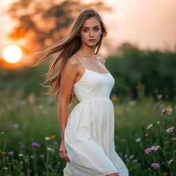 a beautiful young woman with long flowing hair, standing amidst a field of wildflowers