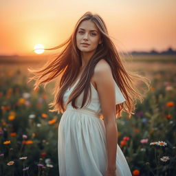 a beautiful young woman with long flowing hair, standing amidst a field of wildflowers