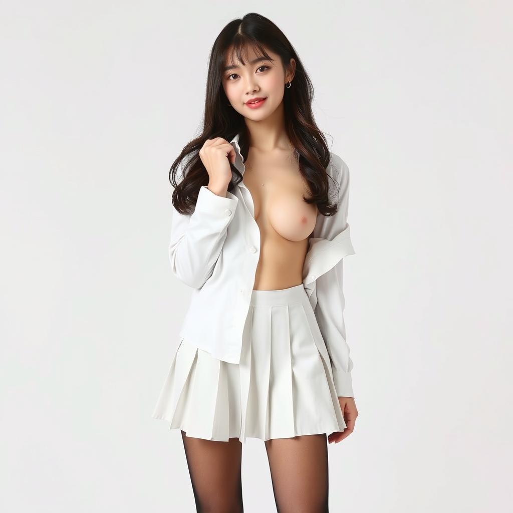 A young Korean woman, around 18 years old, is dressed in a classic schoolgirl outfit that includes a short, pleated skirt and long, sagging stockings