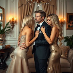 In an elegantly decorated home, two sexy couples are enveloped in a romantic double date, exuding both glamour and an undercurrent of passion