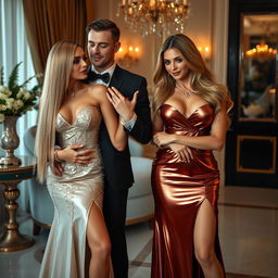 In an elegantly decorated home, two sexy couples are enveloped in a romantic double date, exuding both glamour and an undercurrent of passion