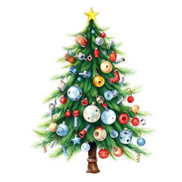 A whimsical watercolor illustration of a Christmas tree adorned with industrial supplies, including screws, nuts, washers, end mills, drills, disks, and various tools, set against a blank canvas