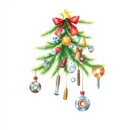 A whimsical watercolor illustration of a Christmas tree adorned with industrial supplies, including screws, nuts, washers, end mills, drills, disks, and various tools, set against a blank canvas