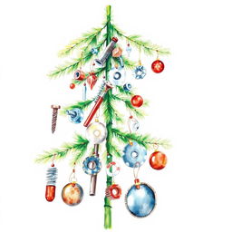 A whimsical watercolor illustration of a Christmas tree adorned with industrial supplies, including screws, nuts, washers, end mills, drills, disks, and various tools, set against a blank canvas