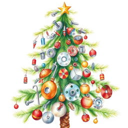 A whimsical watercolor illustration of a Christmas tree adorned with industrial supplies, including screws, nuts, washers, end mills, drills, disks, and various tools, set against a blank canvas